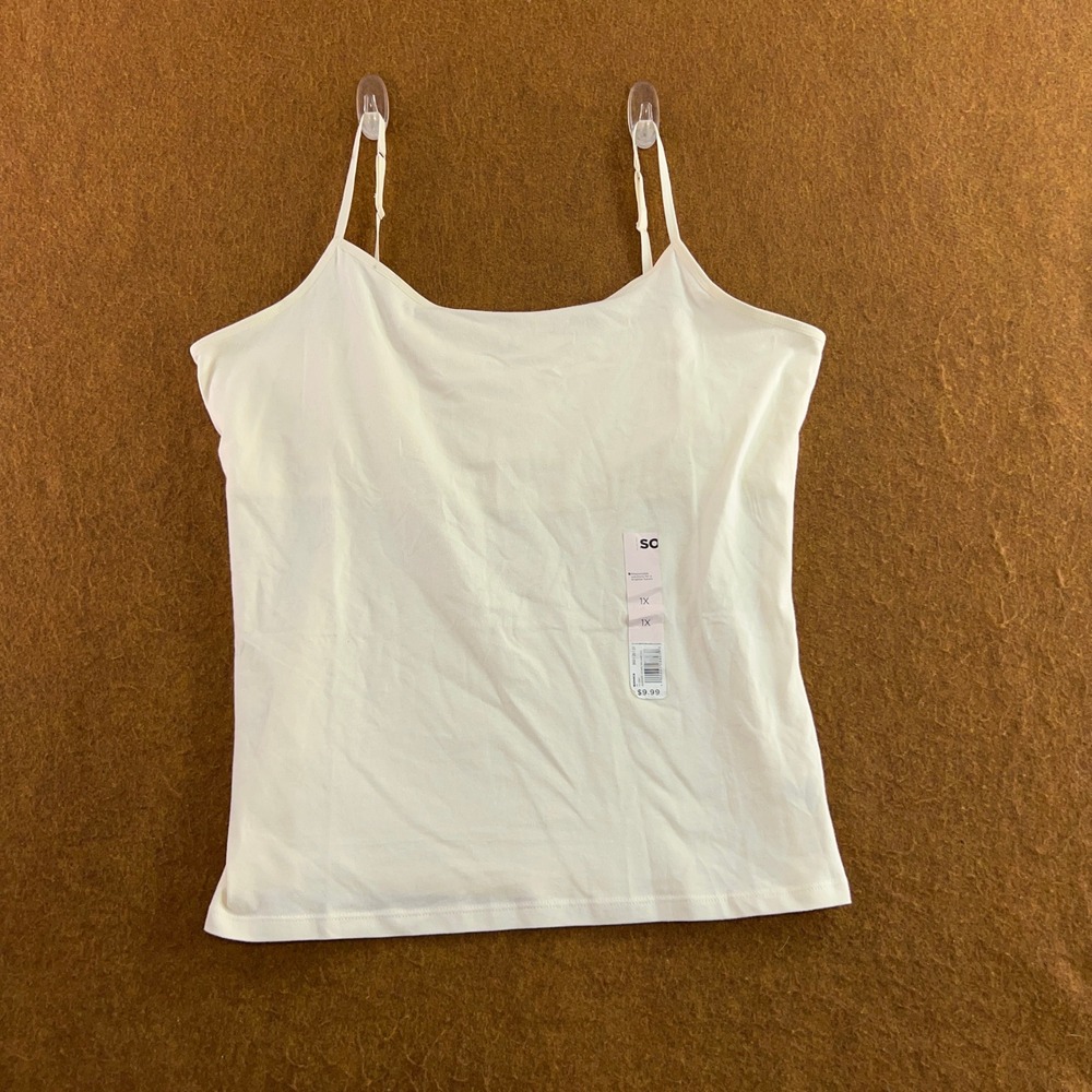 SO Womens 1X White Adjustable Strap Stretch Cotton Cami Tank Top New *Flaw